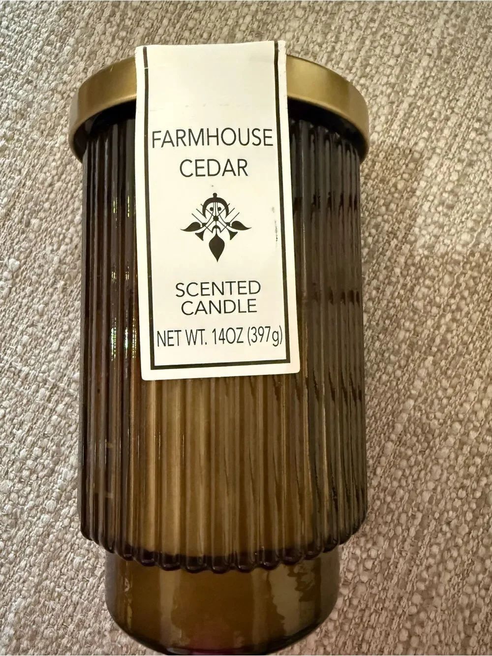 NWT Farmhouse Cedar Scented Candle - Amber Ribbed Glass